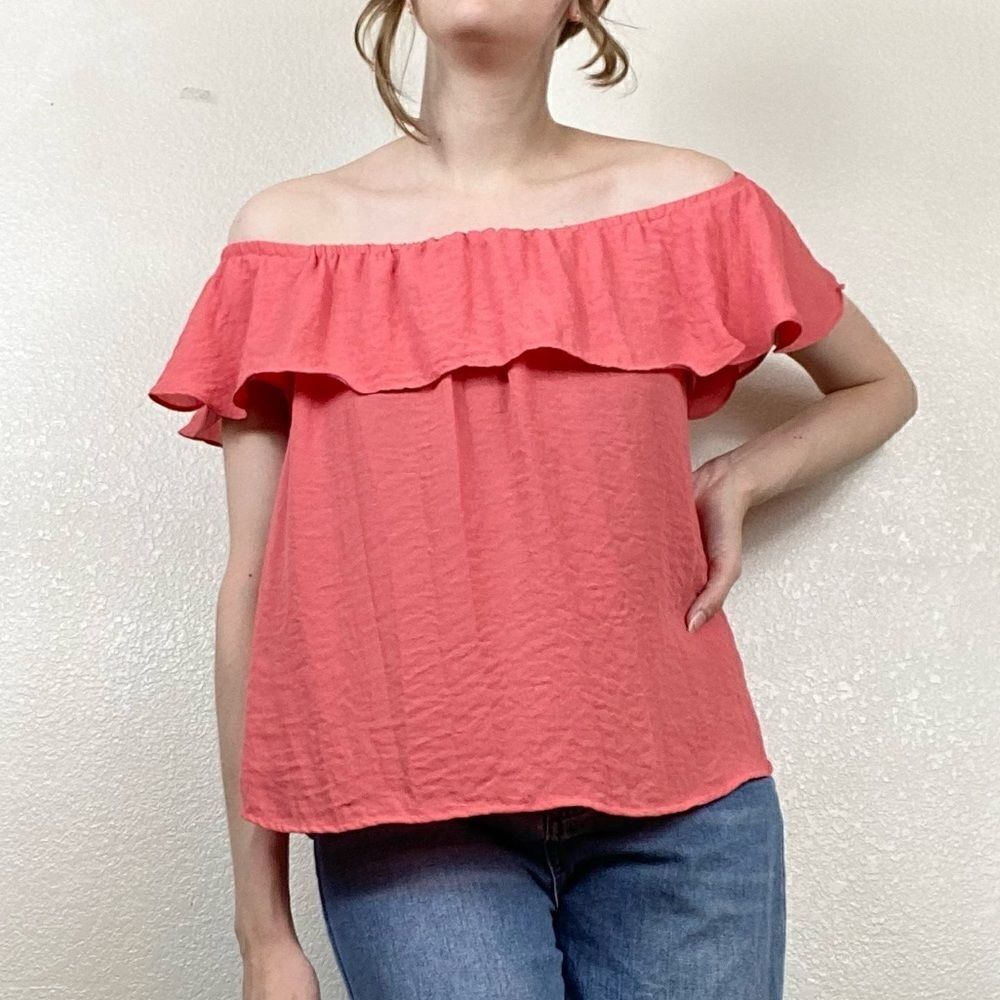 Anthropologie Maeve Coral Pink Ruffle Off the Shoulder Blouse